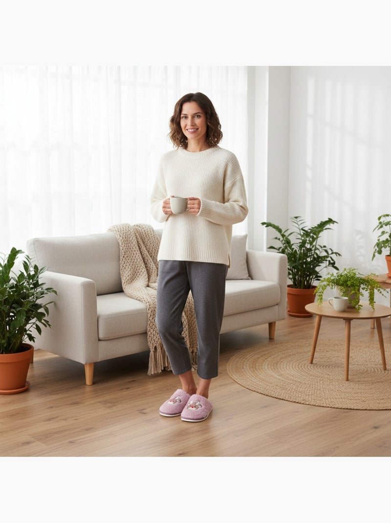Zapatillas de casa mujer abiertas ozabi, peluche sintética, reno bordado Malva chiaro - Kiabi