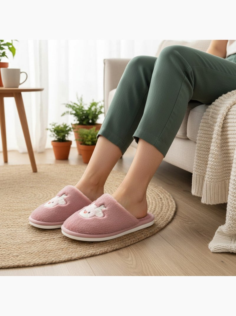 Zapatillas de casa mujer abiertas ozabi, peluche sintética, reno bordado Rosa - Kiabi