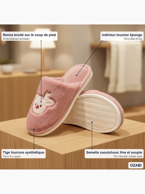 Zapatillas de casa mujer abiertas ozabi, peluche sintética, reno bordado - Kiabi Zapatillas de casa mujer abiertas ozabi, peluche sintética, reno bordado - Kiabi