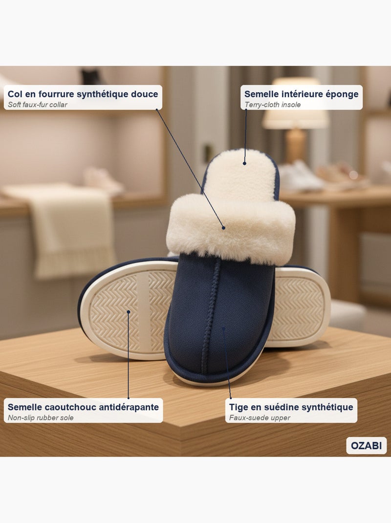 Zapatillas de casa mujer ozabi abiertas, ante sintético, cuello piel Azul marino - Kiabi