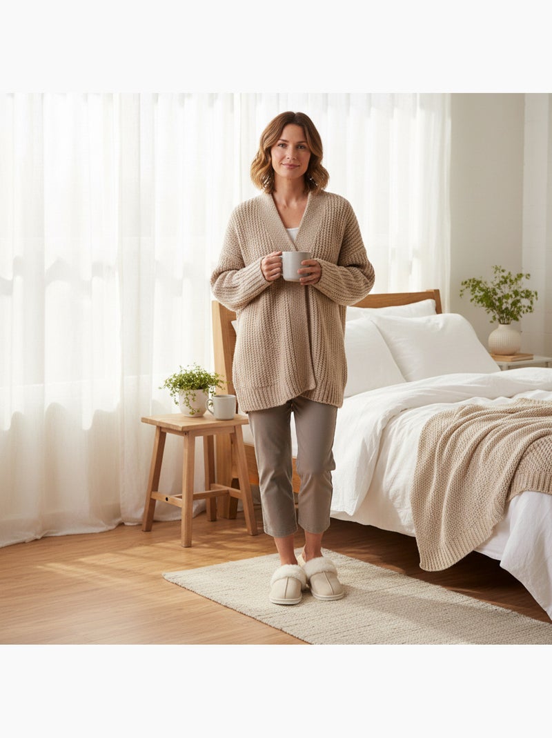 Zapatillas de casa mujer ozabi abiertas, ante sintético, cuello piel Beige - Kiabi