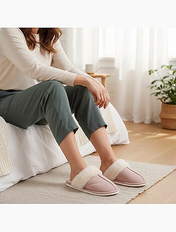 Zapatillas de casa mujer ozabi abiertas, ante sintético, cuello piel