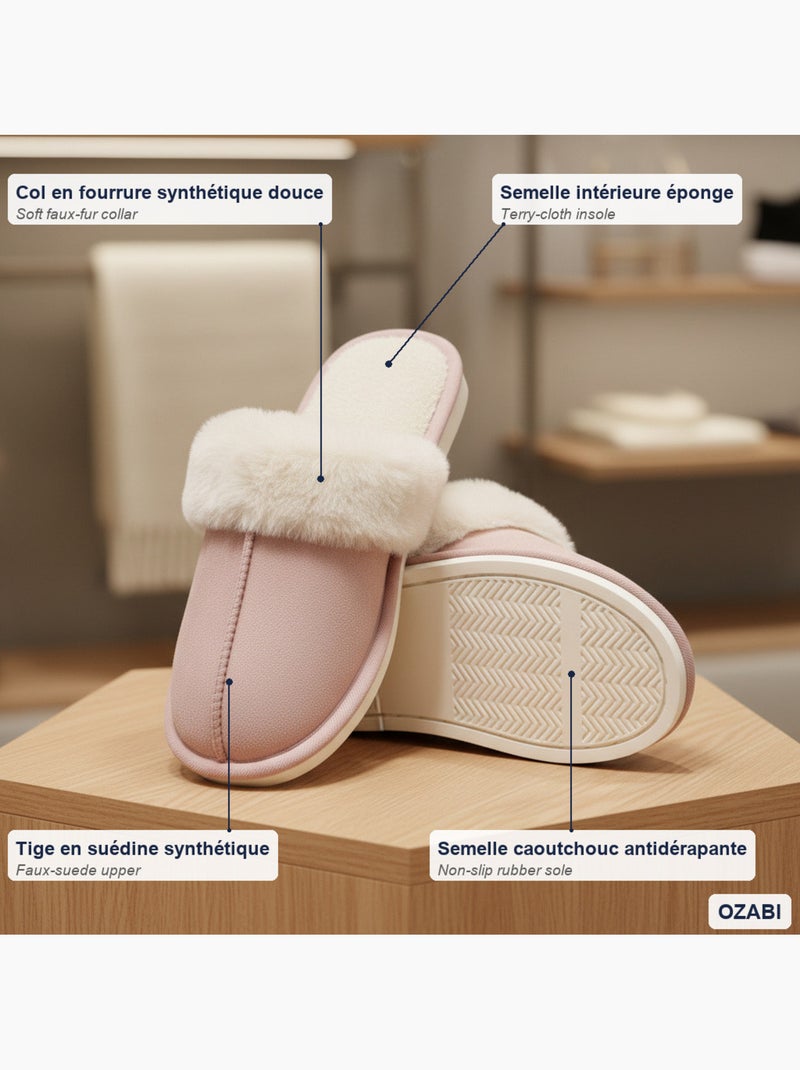 Zapatillas de casa mujer ozabi abiertas, ante sintético, cuello piel Rosa - Kiabi
