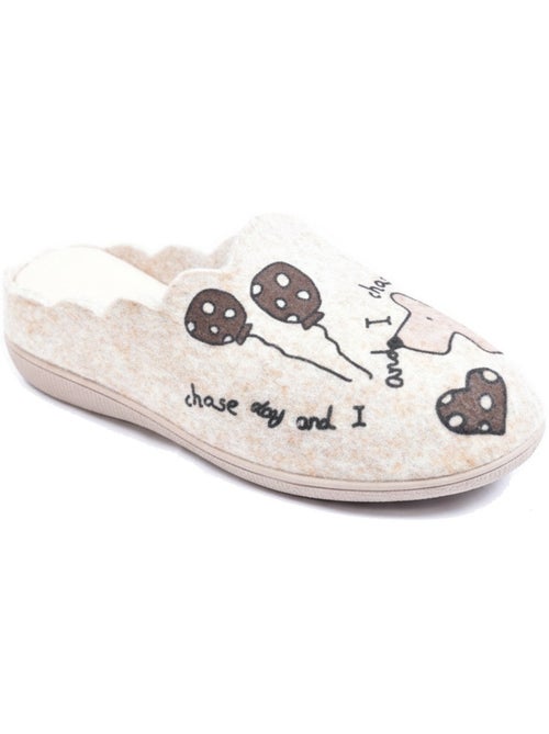 Zapatillas de casa mujer ozabi abiertas, fieltro estampado, cuello festoneado - Kiabi