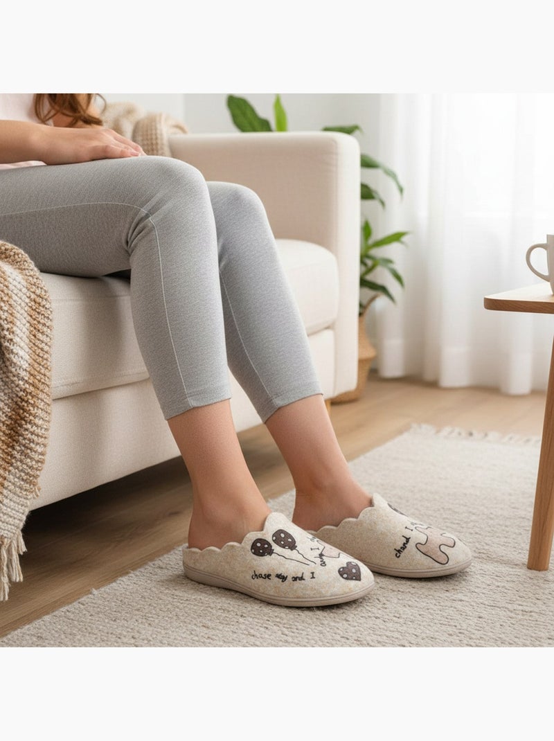 Zapatillas de casa mujer ozabi abiertas, fieltro estampado, cuello festoneado Taupe - Kiabi