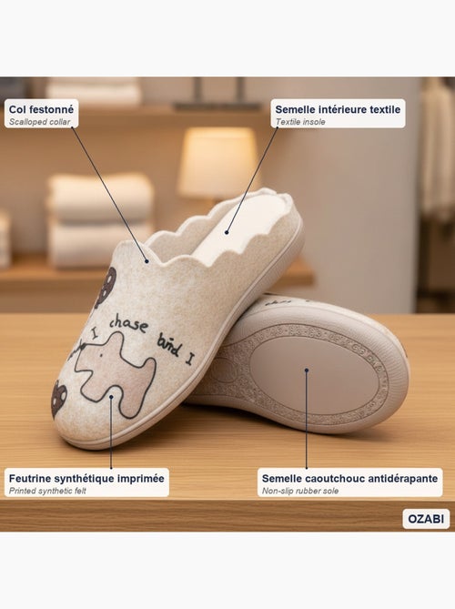 Zapatillas de casa mujer ozabi abiertas, fieltro estampado, cuello festoneado - Kiabi