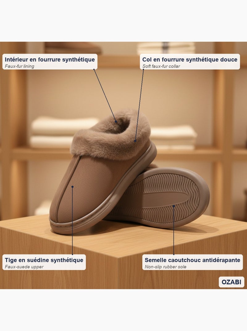 Zapatillas de casa mujer ozabi cerradas, ante sintético, cuello peluche Marrón - Kiabi