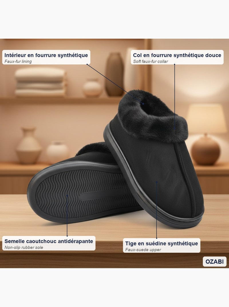 Zapatillas de casa mujer ozabi cerradas, ante sintético, cuello peluche Negro - Kiabi