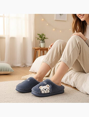 Zapatillas de casa mujer ozabi, peluche sintética, oso bordado
