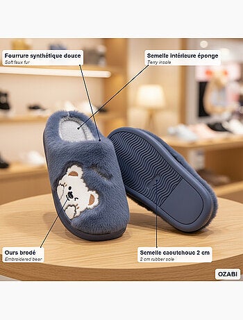 Zapatillas de casa mujer ozabi, peluche sintética, oso bordado