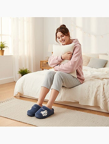 Zapatillas de casa mujer ozabi, peluche sintética, oso bordado