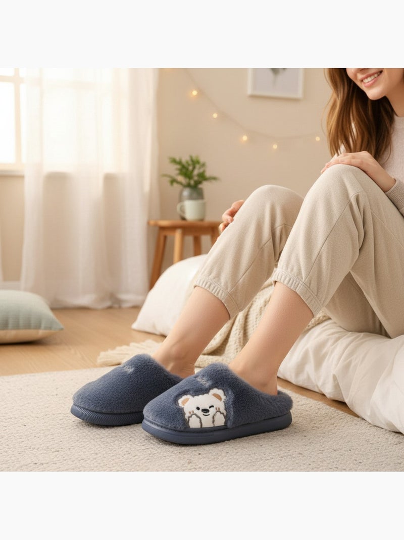 Zapatillas de casa mujer ozabi, peluche sintética, oso bordado Azul marino - Kiabi