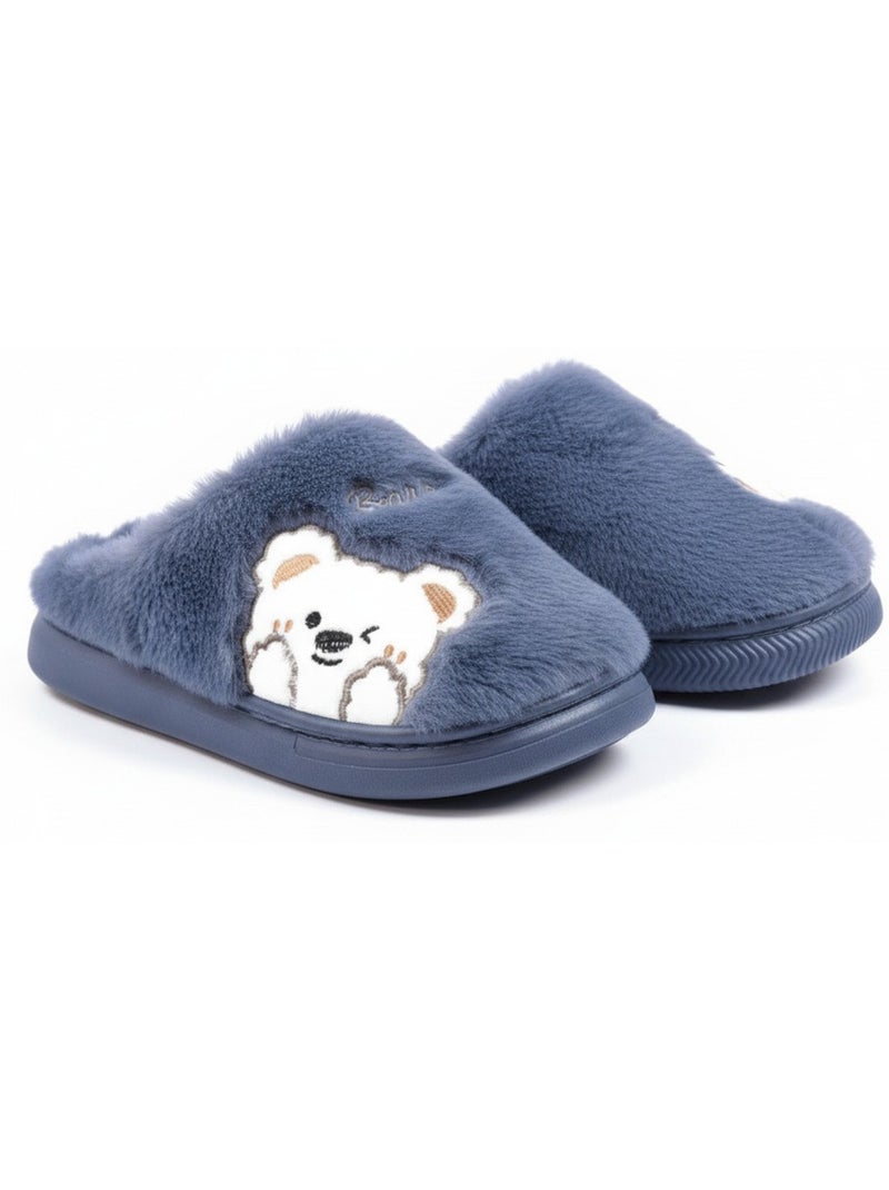 Zapatillas de casa mujer ozabi, peluche sintética, oso bordado Azul marino - Kiabi