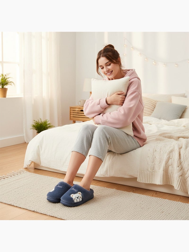Zapatillas de casa mujer ozabi, peluche sintética, oso bordado Azul marino - Kiabi