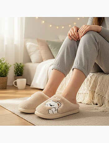 Zapatillas de casa mujer ozabi, peluche sintética, oso bordado