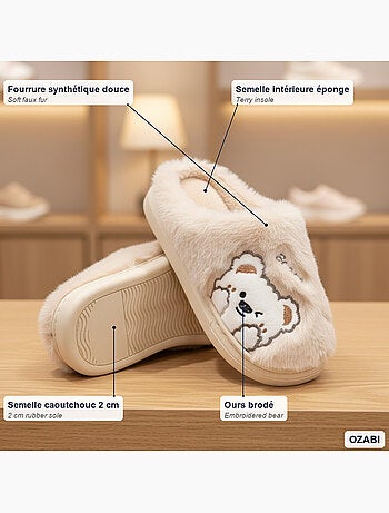 Zapatillas de casa mujer ozabi, peluche sintética, oso bordado