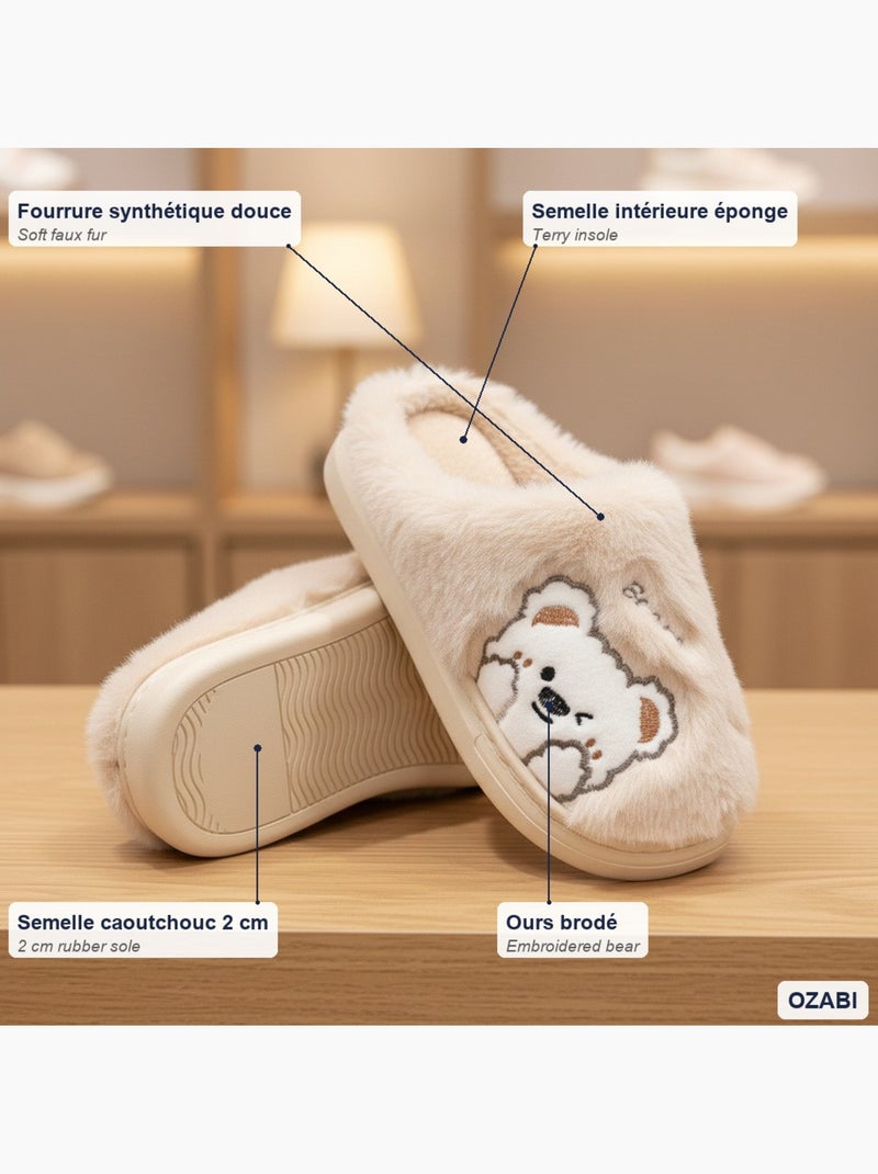 Zapatillas de casa mujer ozabi, peluche sintética, oso bordado Beige - Kiabi