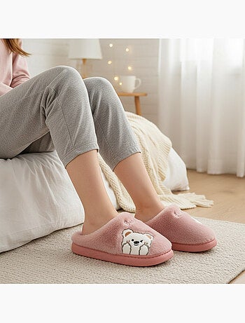 Zapatillas de casa mujer ozabi, peluche sintética, oso bordado