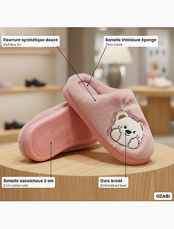Zapatillas de casa mujer ozabi, peluche sintética, oso bordado