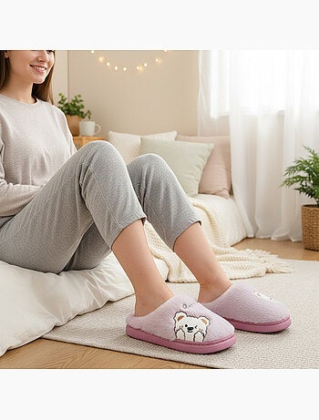 Zapatillas de casa mujer ozabi, peluche sintética, oso bordado