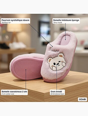 Zapatillas de casa mujer ozabi, peluche sintética, oso bordado