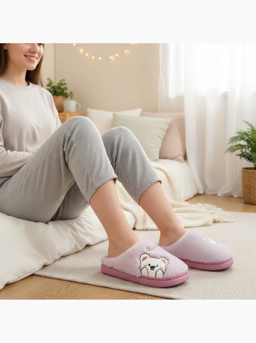 Zapatillas de casa mujer ozabi, peluche sintética, oso bordado - Kiabi
