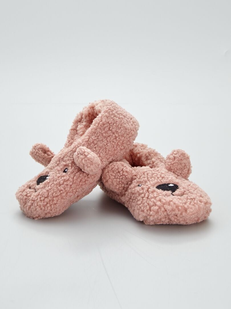 Zapatillas de casa tipo manoletinas de borreguito 'gato' rosa - Kiabi