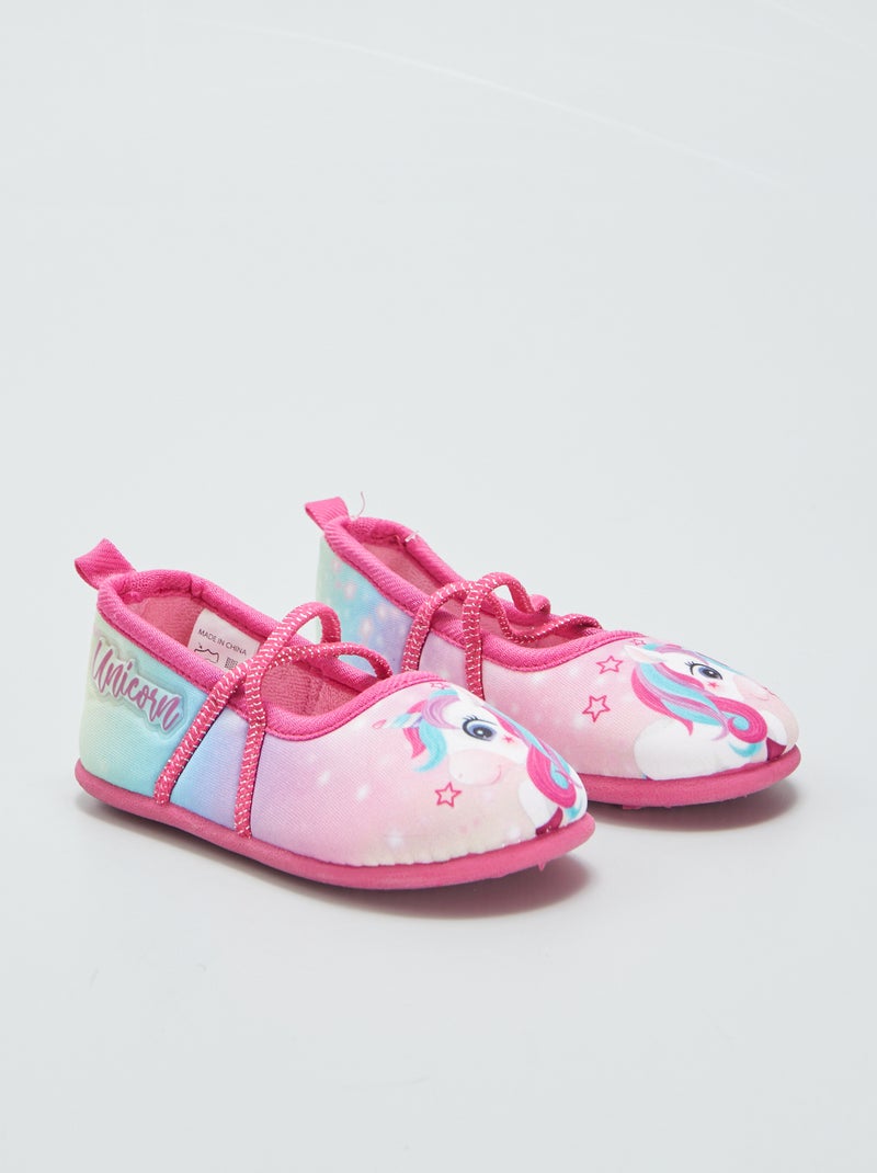 Zapatillas de casa tipo manoletinas estampado 'unicornio' ROSA - Kiabi