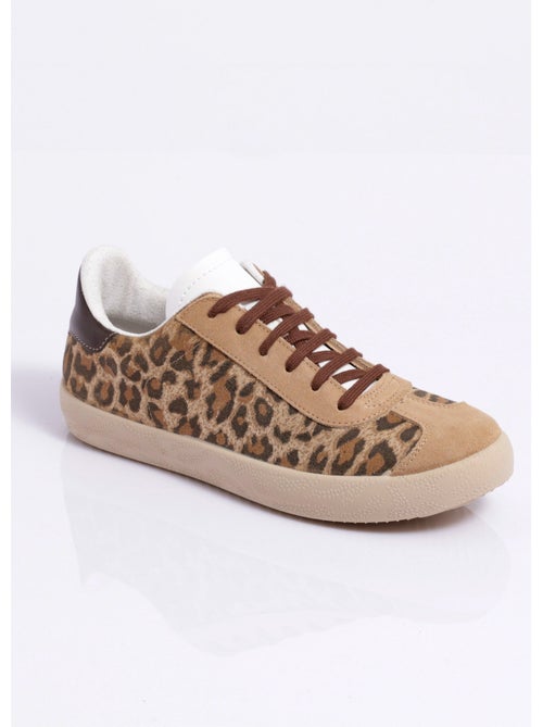 Zapatillas de cuña de piel con estampado de leopardo y cordones - Afibel - Kiabi