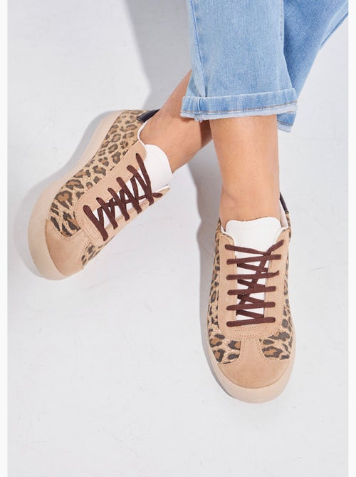 Zapatillas de cuña de piel con estampado de leopardo y cordones - Afibel - Kiabi
