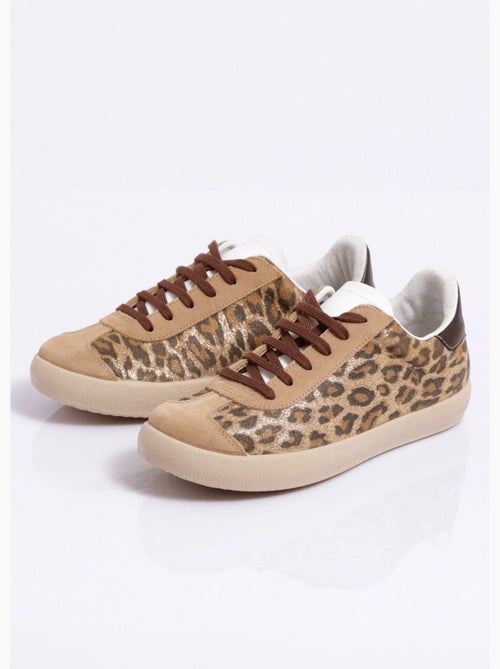 Zapatillas de cuña de piel con estampado de leopardo y cordones - Afibel - Kiabi