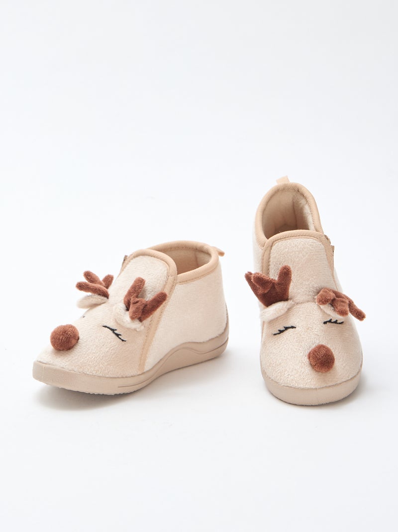 Zapatillas de estar en casa de serraje lúdicas Navideñas Beige - Kiabi