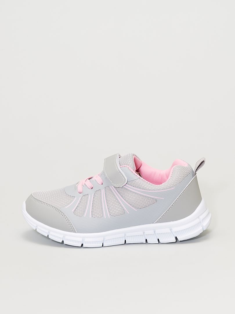 Zapatillas deportivas bajas con cordones elásticos y velcro gris/rosa - Kiabi