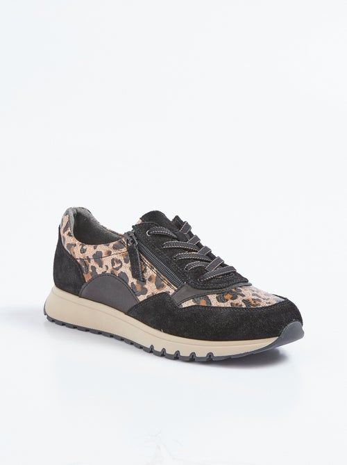 Zapatillas deportivas con cremallera y ancho confort en piel y estampado animal - Afibel - Kiabi