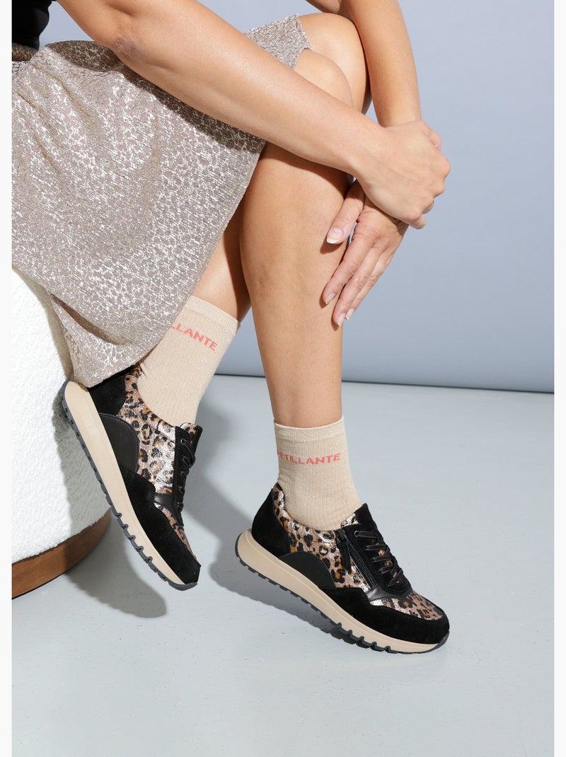 Zapatillas deportivas con cremallera y ancho confort en piel y estampado animal - Afibel Negro - Kiabi