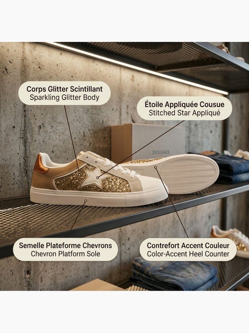 Zapatillas Mujer Glitter Estrella Plataforma Plata Oro OZABI - Kiabi Zapatillas Mujer Glitter Estrella Plataforma Plata Oro OZABI - Kiabi