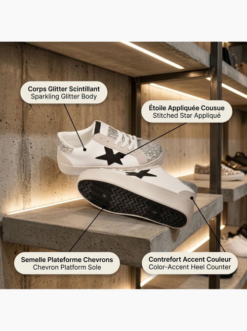 Zapatillas Mujer Plataforma Brillo Estrella OZABI Plateado Oro - Kiabi Zapatillas Mujer Plataforma Brillo Estrella OZABI Plateado Oro - Kiabi