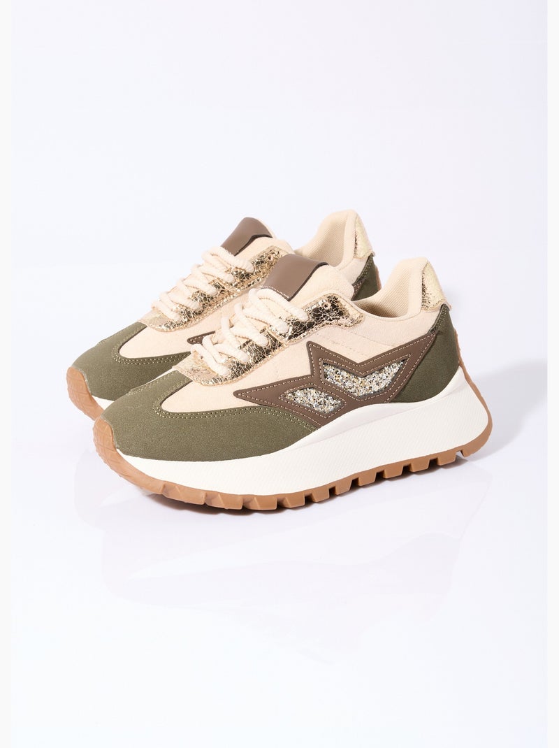 Zapatillas multimaterial con suela de cuña - AFIBEL Beige/Verde - Kiabi