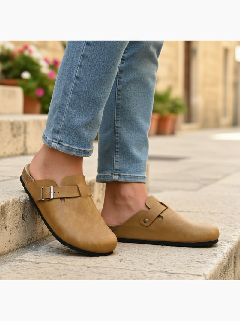 Zuecos hombre cuero sintético hebilla ajustable suela corcho ozabi Camel - Kiabi