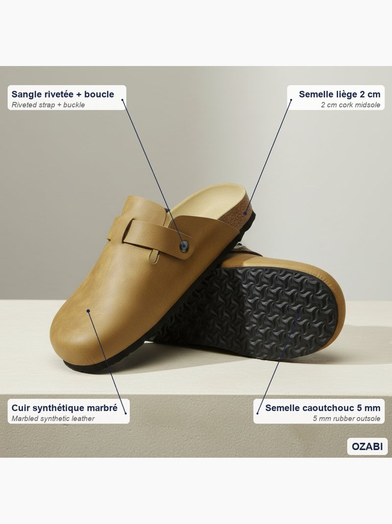 Zuecos hombre cuero sintético hebilla ajustable suela corcho ozabi Camel - Kiabi