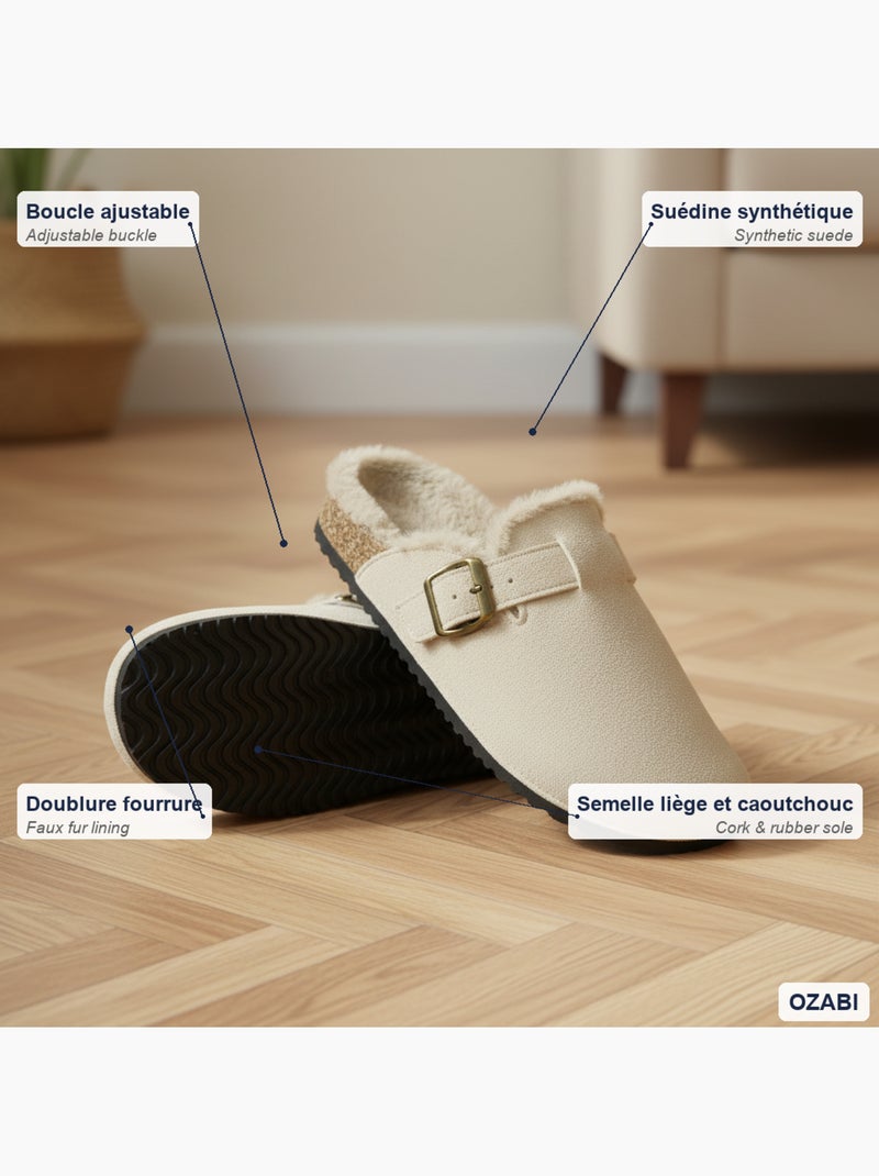 Zuecos mujer ozabi gamuza forro polar ajustable Beige - Kiabi